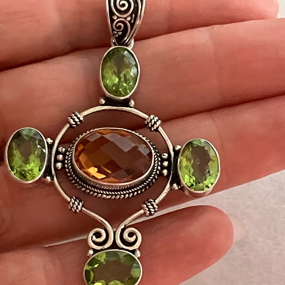 Citrine & Peridot Gemstones  Sterling Silver Cross Pendant